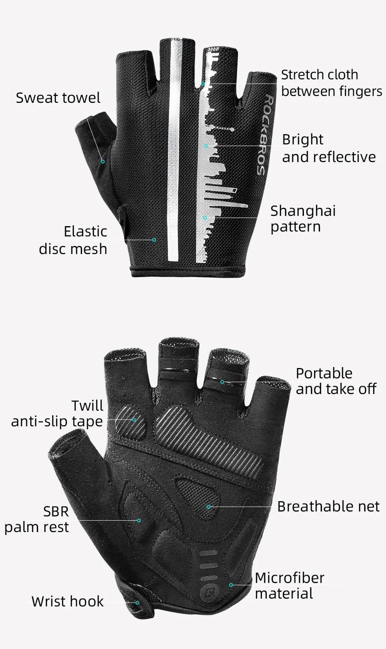 ROCKBROS Cycling Gloves SBR Pad Breathable Fingerless Gloves Shock Absorbtion Non-Slip Bicycle Gloves MTB Silicone Palm Rest