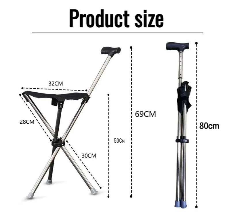 Outdoor Collapsible Cane Chair Elderly Walking Stool Light Mountaineering Cane Aluminum Alloy Foldable Walking Cane with Seat