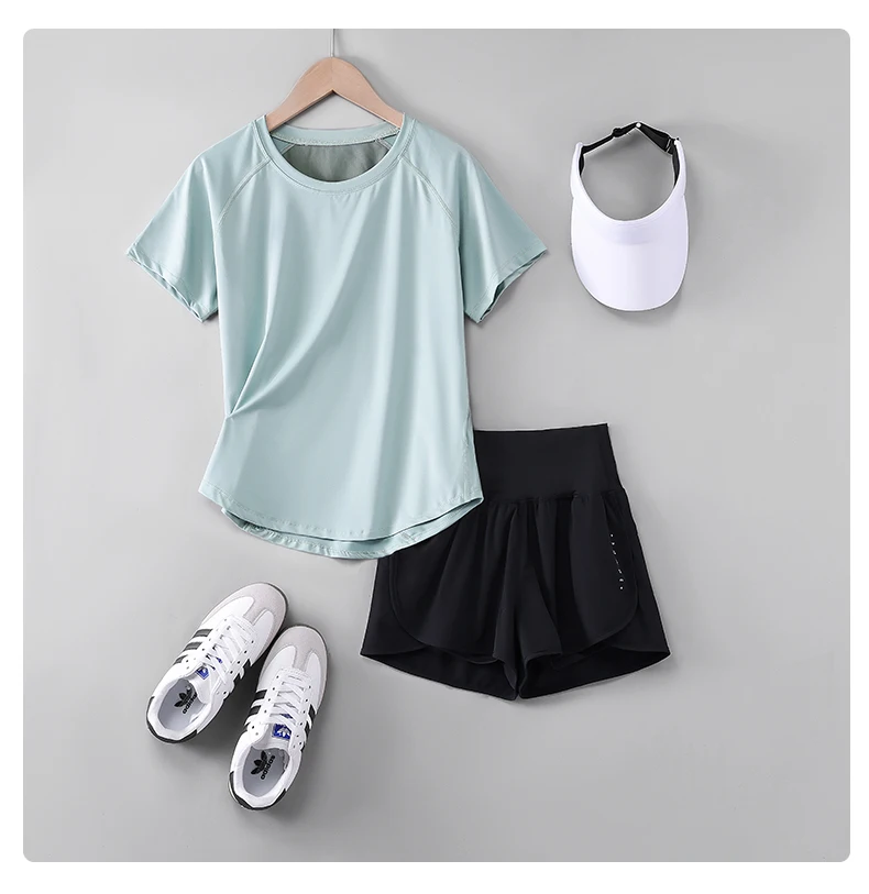 DRUR 2pcs Yoga Set Women Summer Sports Suit 2 Piece Sportswear Outfits Female Short Sleeve Fitness Tops Running Shorts Sets New