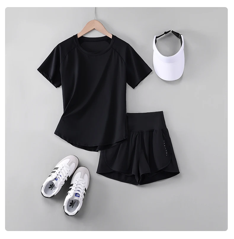 DRUR 2pcs Yoga Set Women Summer Sports Suit 2 Piece Sportswear Outfits Female Short Sleeve Fitness Tops Running Shorts Sets New