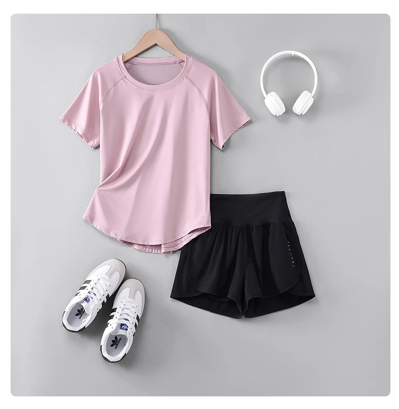 DRUR 2pcs Yoga Set Women Summer Sports Suit 2 Piece Sportswear Outfits Female Short Sleeve Fitness Tops Running Shorts Sets New