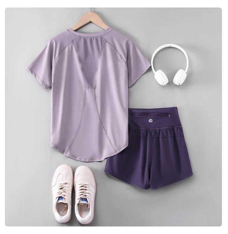 DRUR 2pcs Yoga Set Women Summer Sports Suit 2 Piece Sportswear Outfits Female Short Sleeve Fitness Tops Running Shorts Sets New