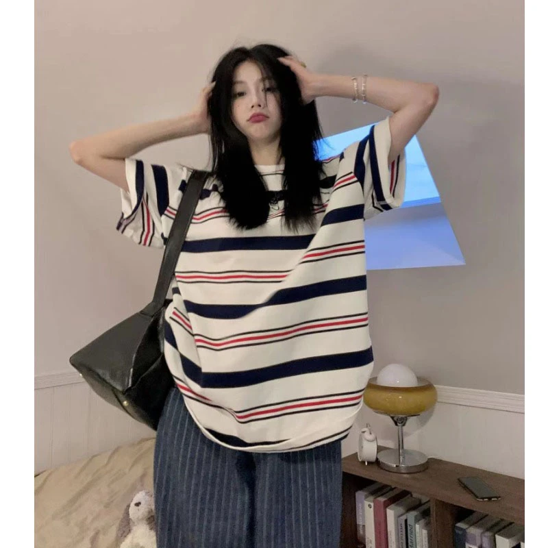 Summer Short Sleeve 100 Cotton Striped Breastfeeding T-shirt Postpartum Spicy Mothers Nursing Clothes Block Color Lactation Tees