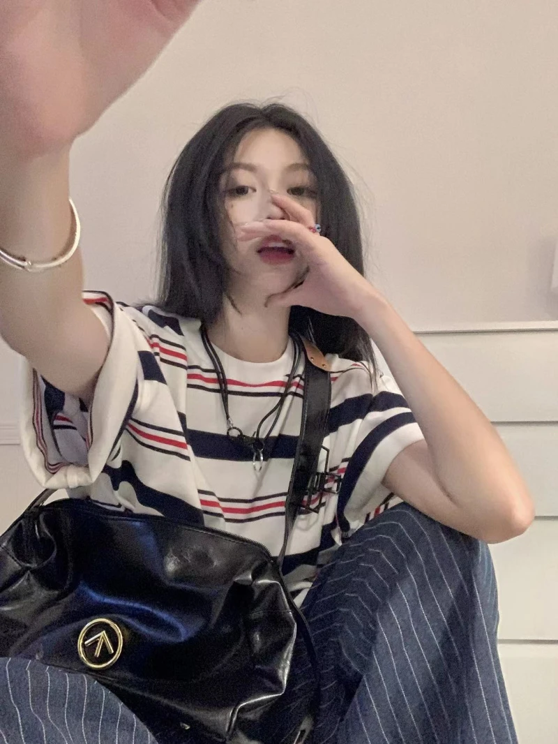 Summer Short Sleeve 100 Cotton Striped Breastfeeding T-shirt Postpartum Spicy Mothers Nursing Clothes Block Color Lactation Tees