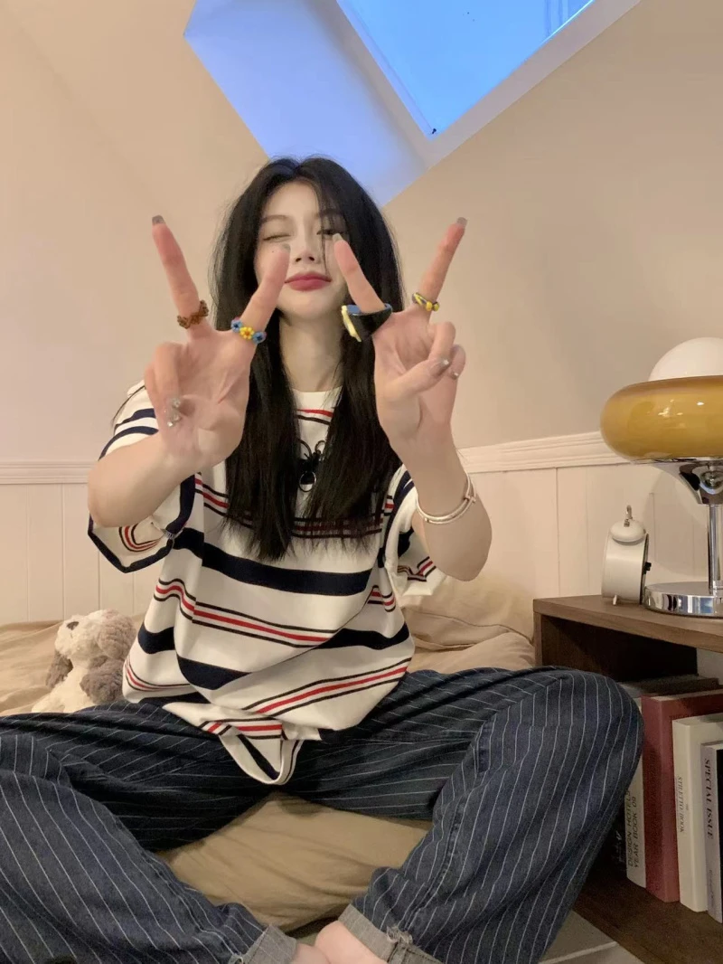 Summer Short Sleeve 100 Cotton Striped Breastfeeding T-shirt Postpartum Spicy Mothers Nursing Clothes Block Color Lactation Tees