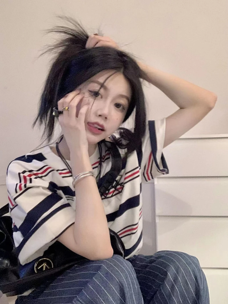 Summer Short Sleeve 100 Cotton Striped Breastfeeding T-shirt Postpartum Spicy Mothers Nursing Clothes Block Color Lactation Tees