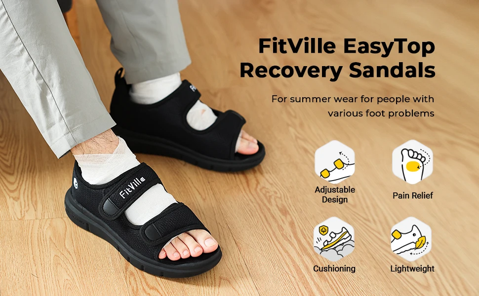 FitVille Men'S Sandals Summer Flat Shoes Widened Elderly Casual Shoe Breathable Lightweight For Plantar Fasciitis Pain Relief