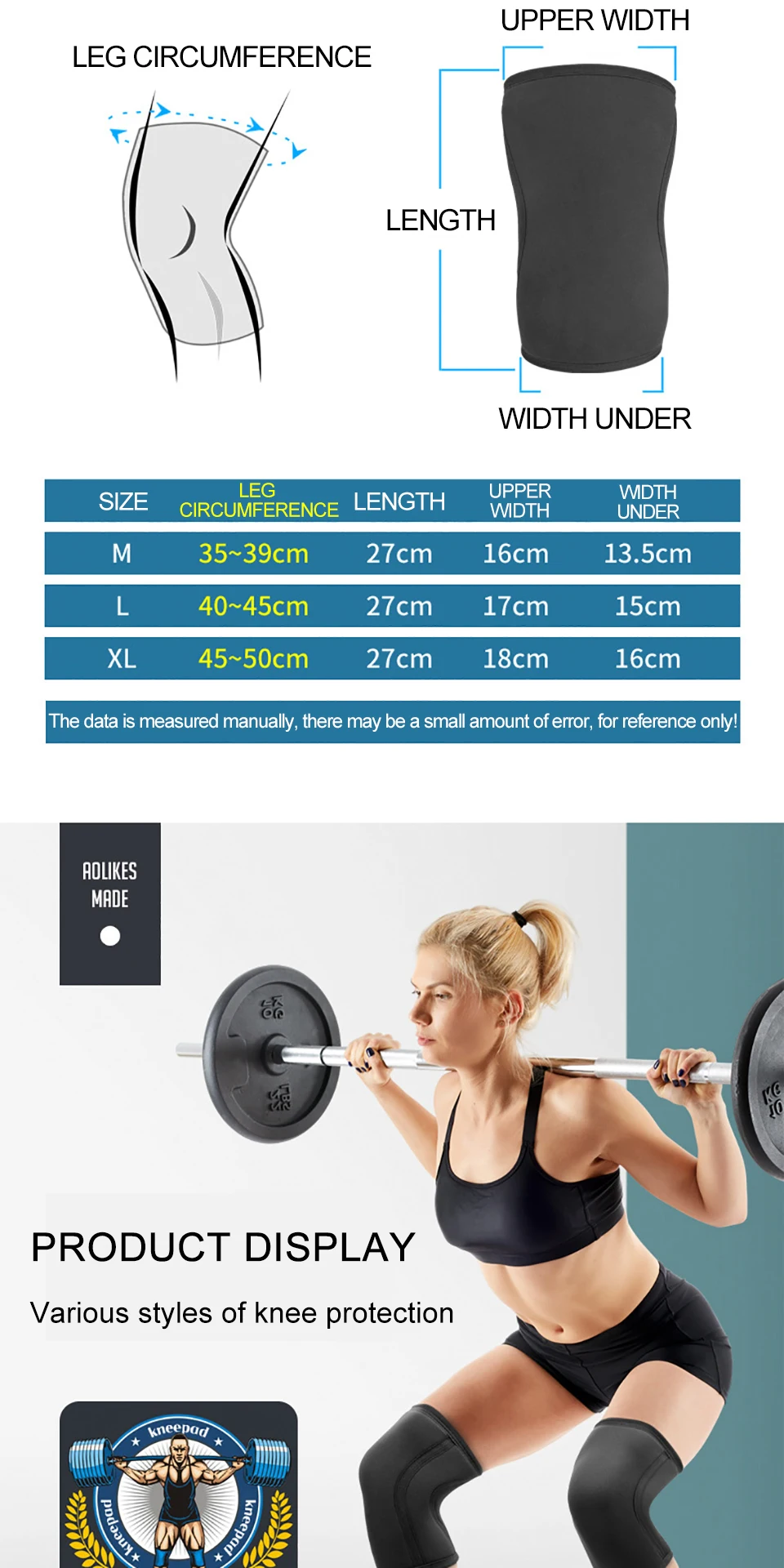 AOLIKES rodilleras de neopreno de 7mm para levantamiento de pesas (par) rodillera de compresión soporte para sentadillas Crossfit entrenamiento