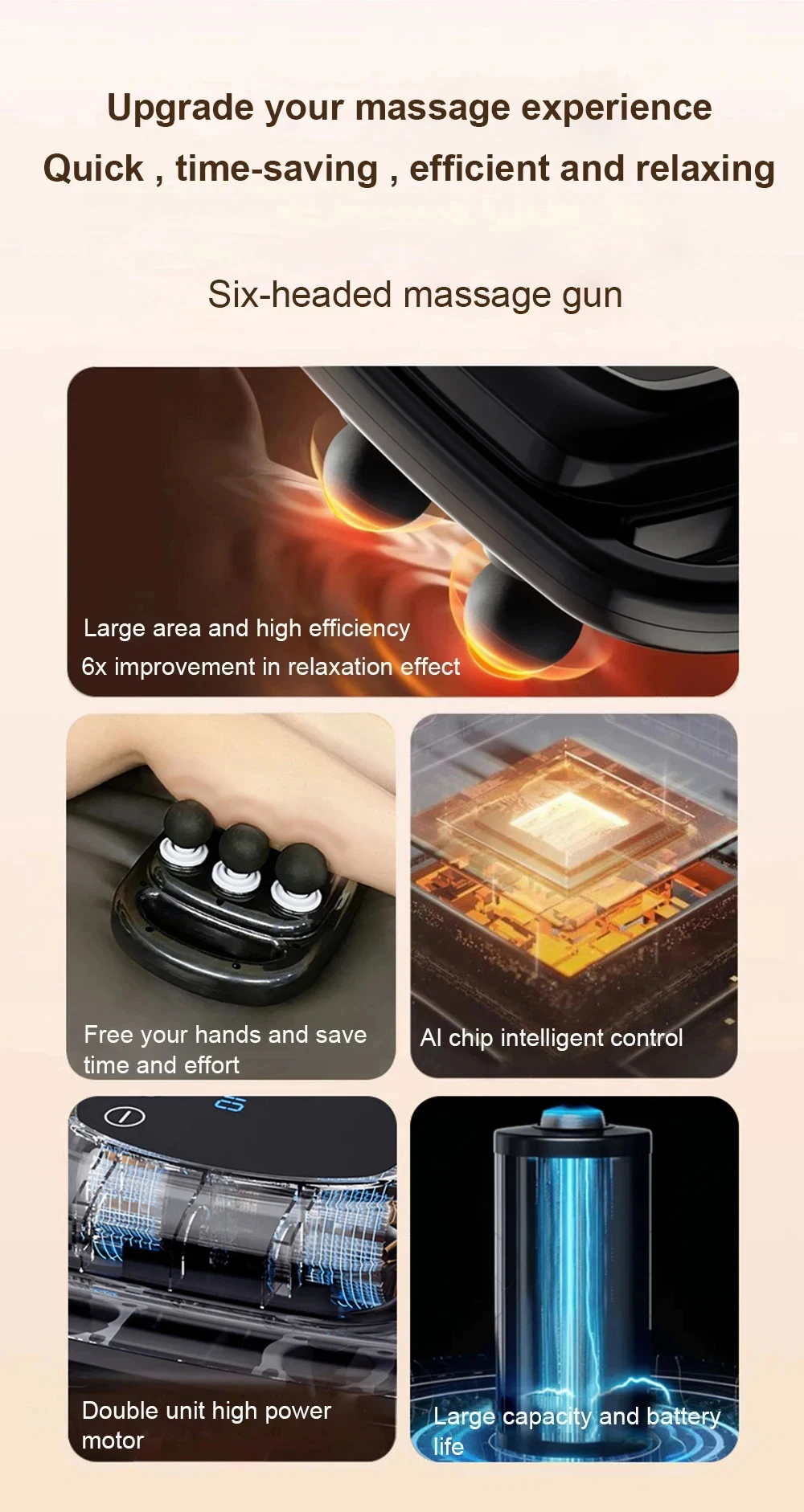 Pistola de masaje de 6 cabezales para aliviar los músculos, percusión de tejidos profundos para cuello, columna Cervical, cuerpo completo